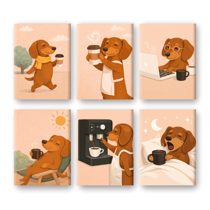 6 Mini Paintings - Dachshund Coffee Set- Paint by Numbers