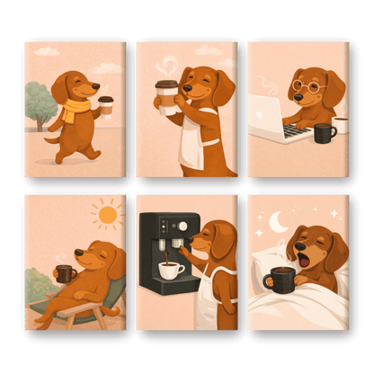6 Mini Paintings - Dachshund Coffee Set- Paint by Numbers