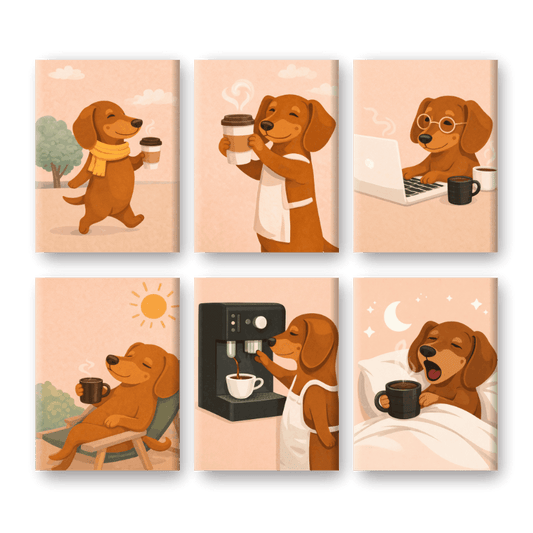 6 Mini Paintings - Dachshund Coffee Set- Paint by Numbers