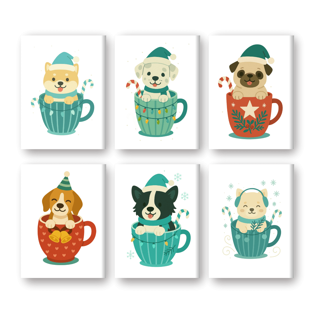 6 Mini Paintings - Dogs in Christmas Cups Set- Paint by Numbers