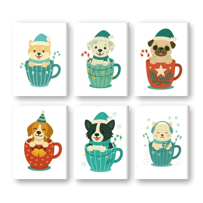 6 Mini Paintings - Dogs in Christmas Cups Set- Paint by Numbers