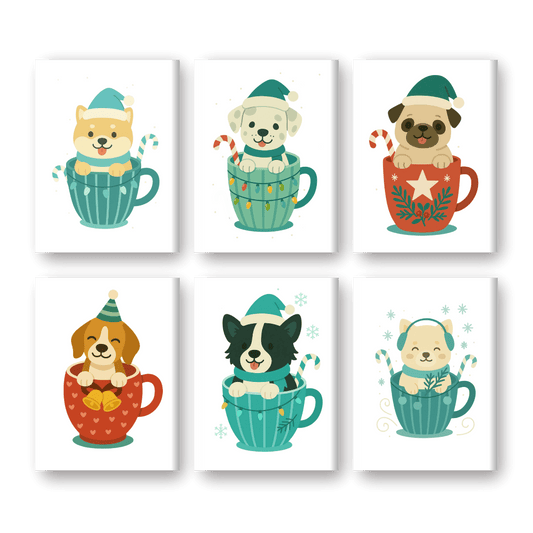 6 Mini Paintings - Dogs in Christmas Cups Set- Paint by Numbers