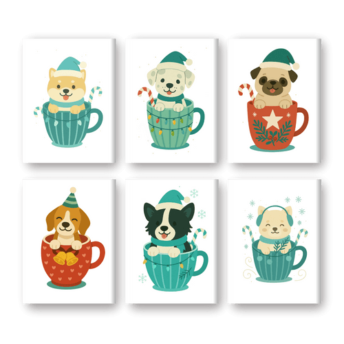 6 Mini Paintings - Dogs in Christmas Cups Set