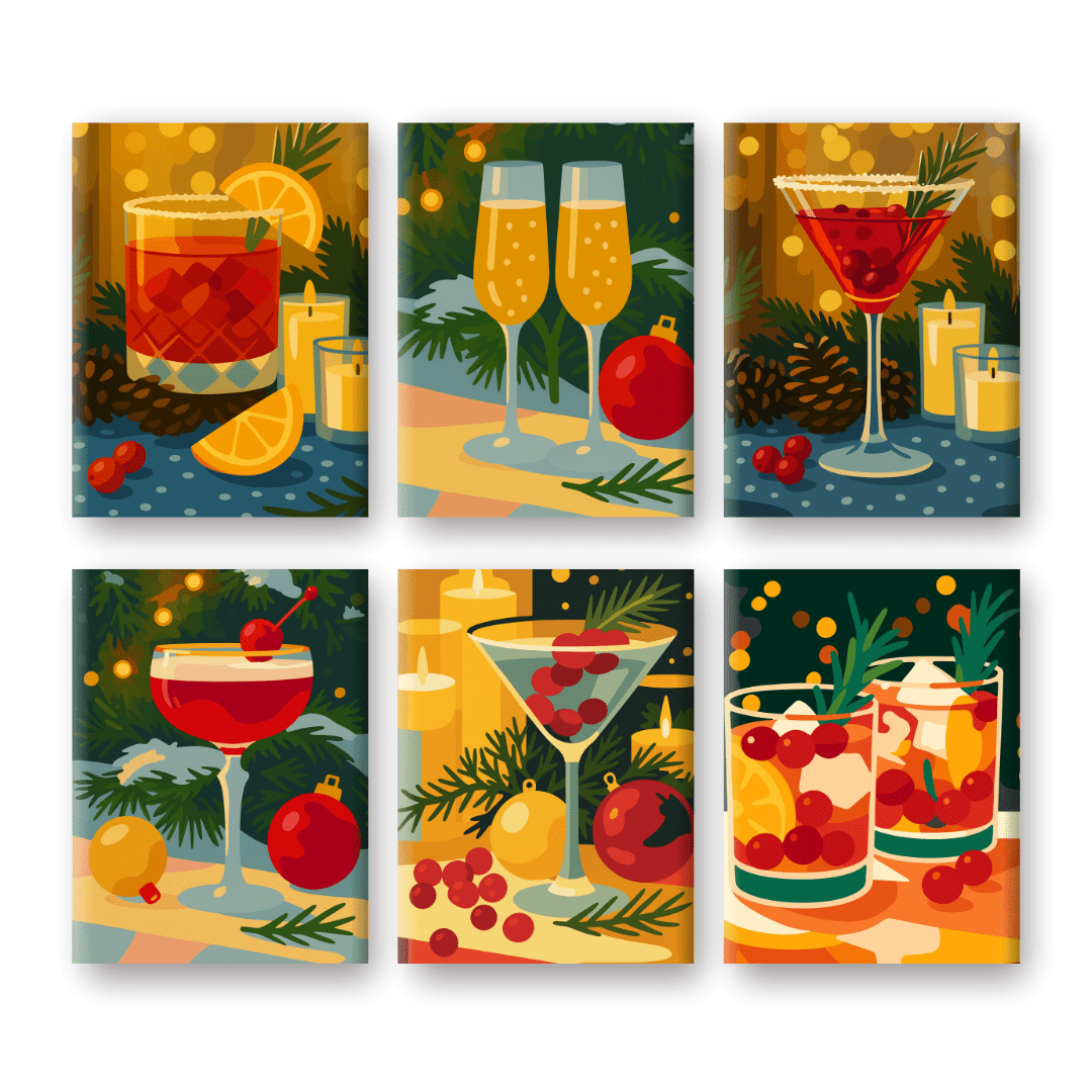 6 Mini Paintings - Festive Cocktails Set- Paint by Numbers