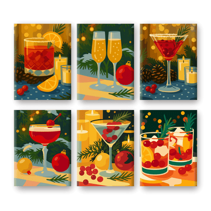6 Mini Paintings - Festive Cocktails Set- Paint by Numbers