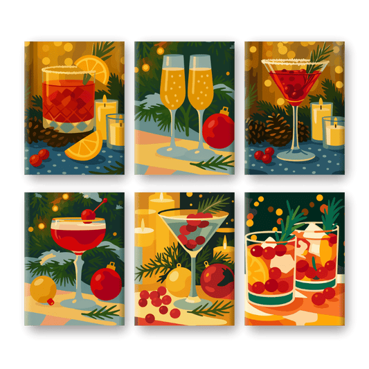 6 Mini Paintings - Festive Cocktails Set- Paint by Numbers