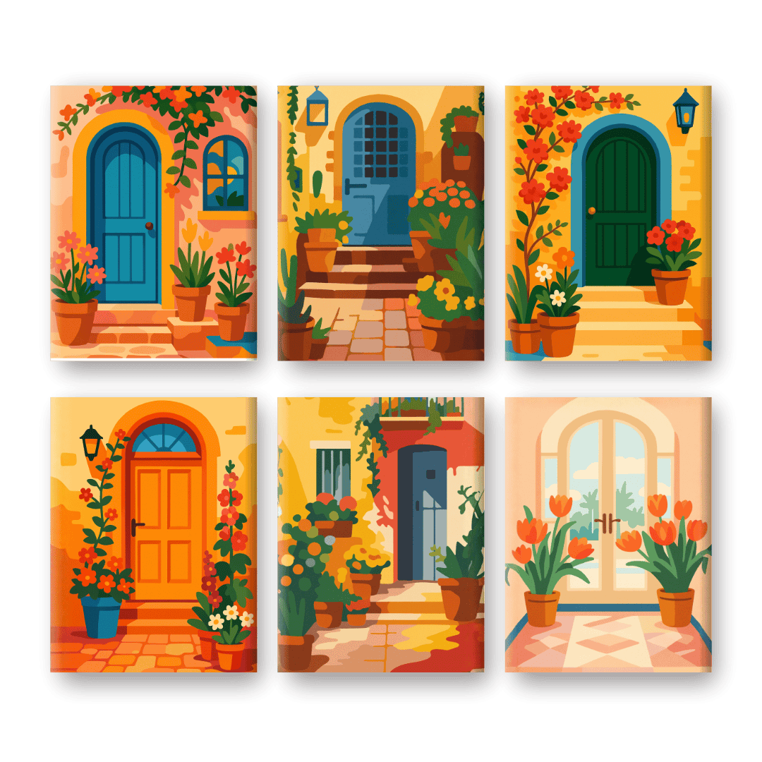 6 Mini Paintings - Flowers & Doors Set-Paint by numbers
