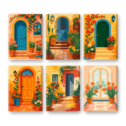6 Mini Paintings - Flowers & Doors Set-Paint by numbers