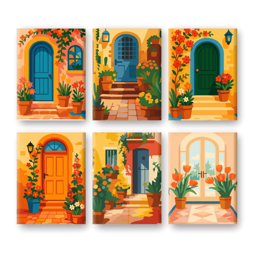 6 Mini Paintings - Flowers & Doors Set