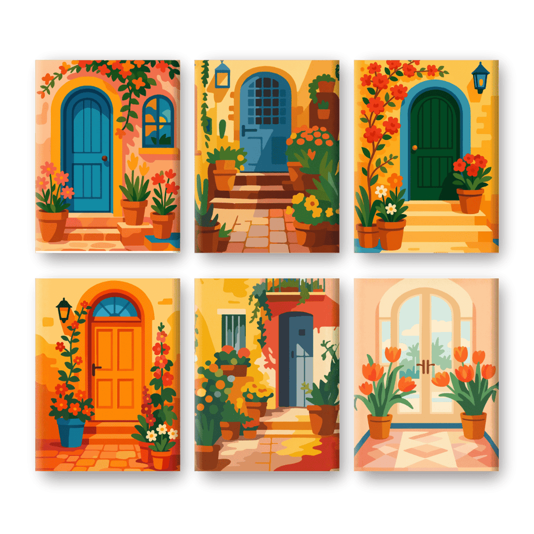 6 Mini Paintings   Flowers & Doors Set