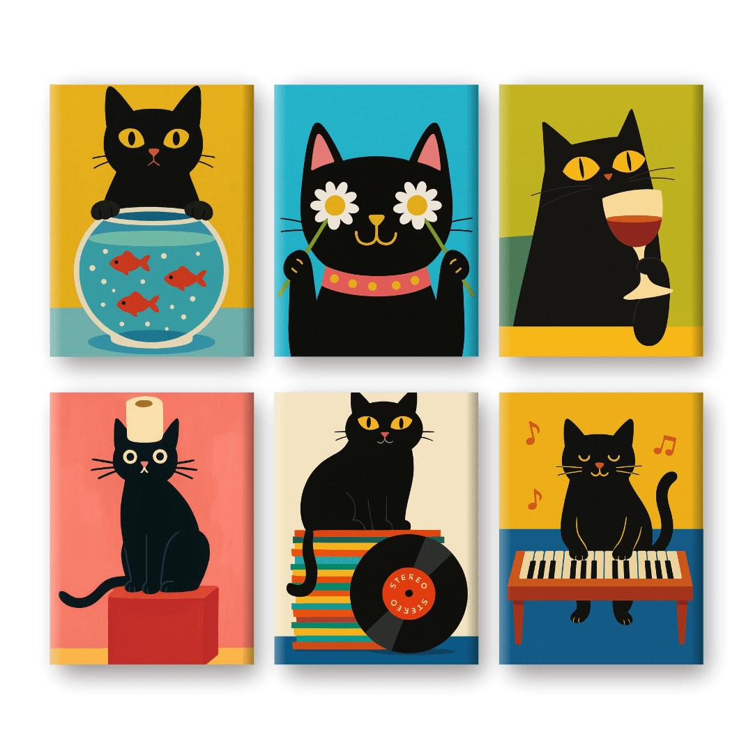 6 Mini Paintings - Funny Black Cat Set- Paint by Numbers