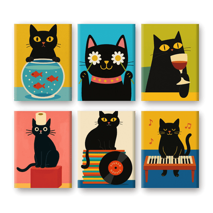 6 Mini Paintings - Funny Black Cat Set- Paint by Numbers