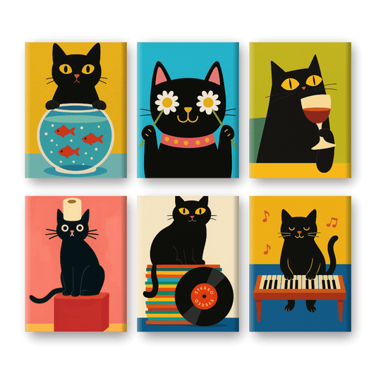 6 Mini Paintings - Funny Black Cat Set- Paint by Numbers