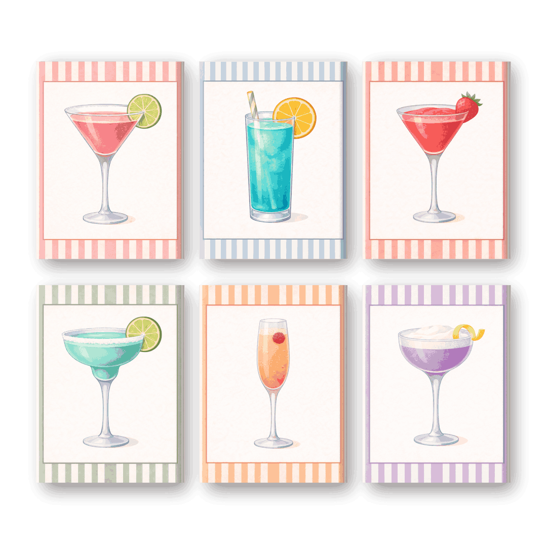 6 Mini Paintings - Striped Cocktails Set- Paint by Numbers