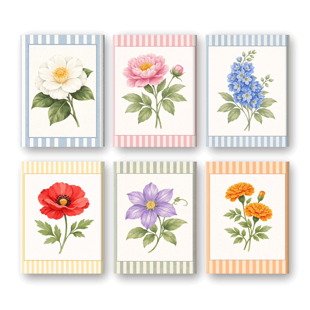 6 Mini Paintings - Striped Flower Set- Paint by Numbers