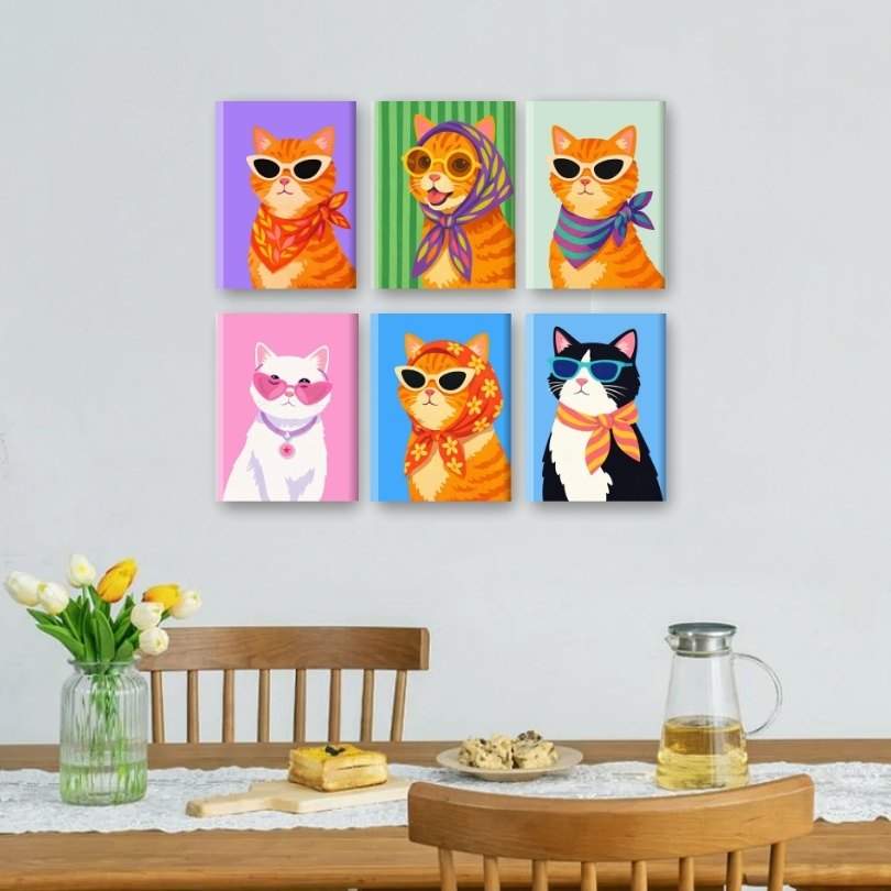 6 Mini Paintings - Stylish Cats Set