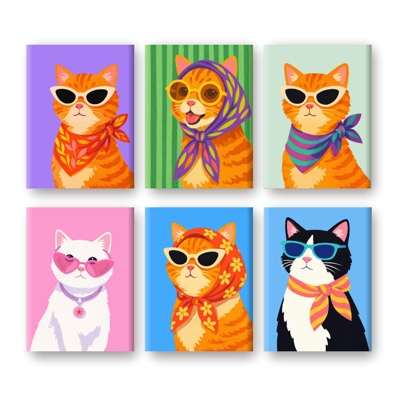6 Mini Paintings - Stylish Cats Set- Paint by Numbers