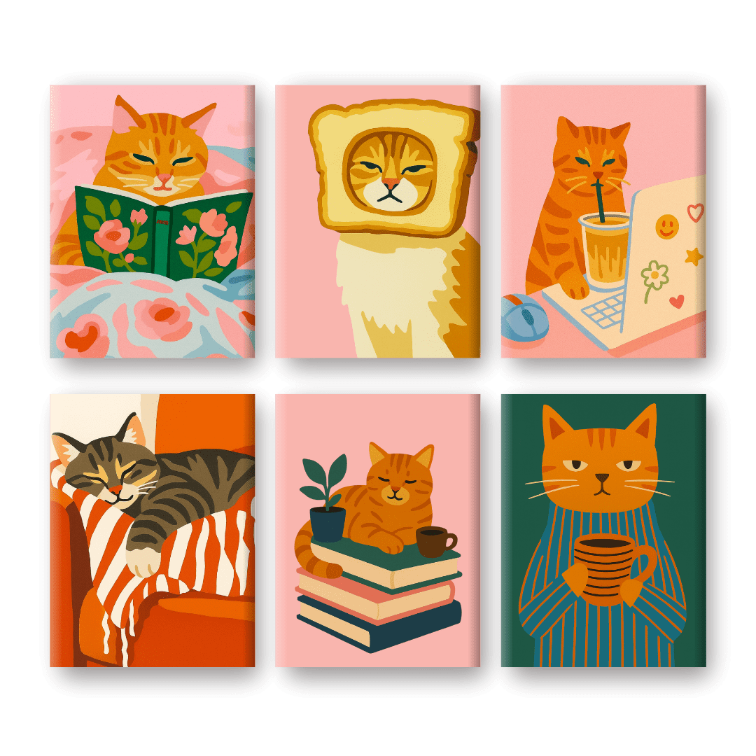 6 Mini Paintings | Tired Cats Set- Paint by Numbers