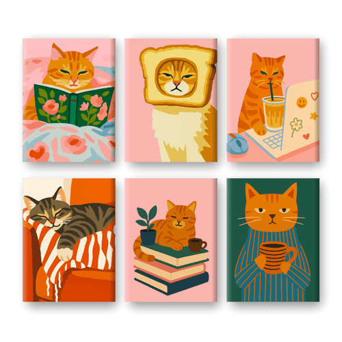 6 Mini Paintings | Tired Cats Set