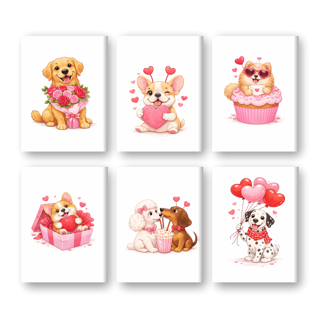 6 Mini Paintings - Valentine Dogs Set- Paint by Numbers