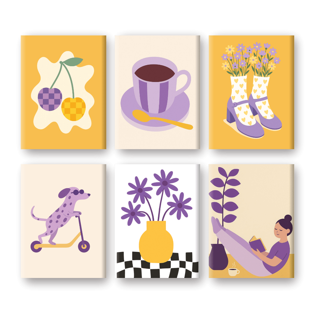 6 Mini Paintings - Yellow and Purple Vibes Set- Paint by Numbers