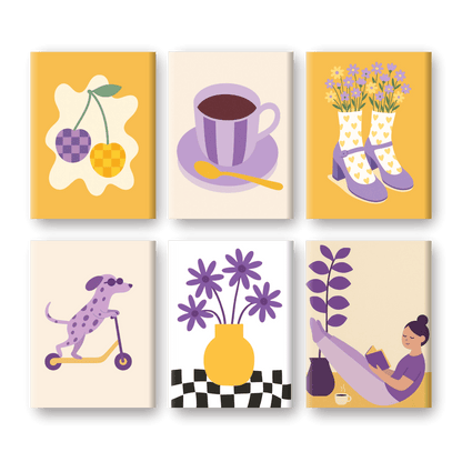 6 Mini Paintings - Yellow and Purple Vibes Set- Paint by Numbers