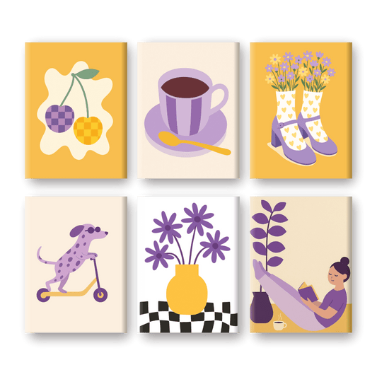 6 Mini Paintings - Yellow and Purple Vibes Set- Paint by Numbers