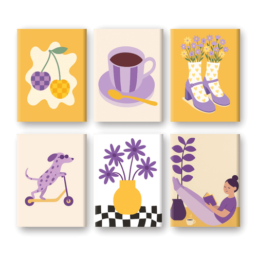 6 Mini Paintings - Yellow and Purple Vibes Set