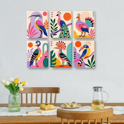 6 Mini Paintings -  Folk Art Birds Set