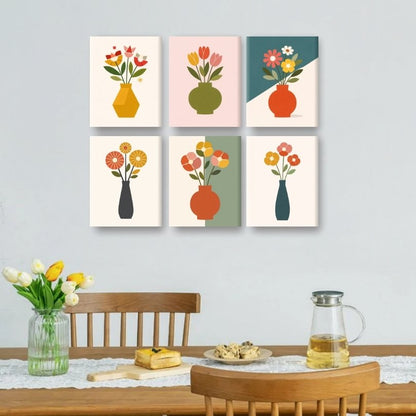 6 Mini Paintings - Elegant Flower Vases Set