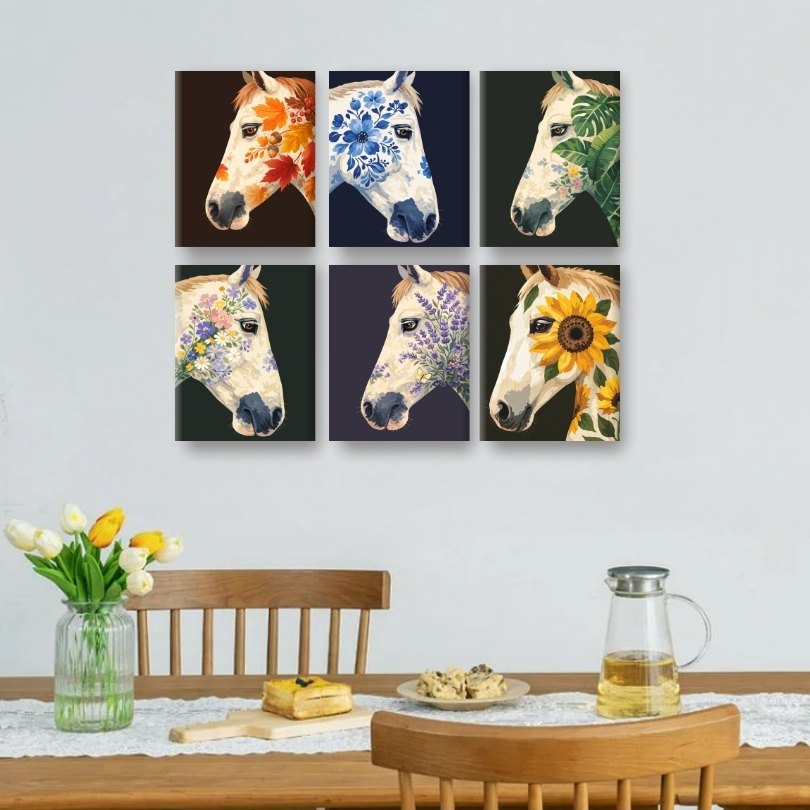 6 Mini Paintings - Flower Horses Set