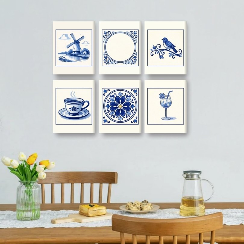 6 Mini Paintings -  Gorgeous Delft Blue Set