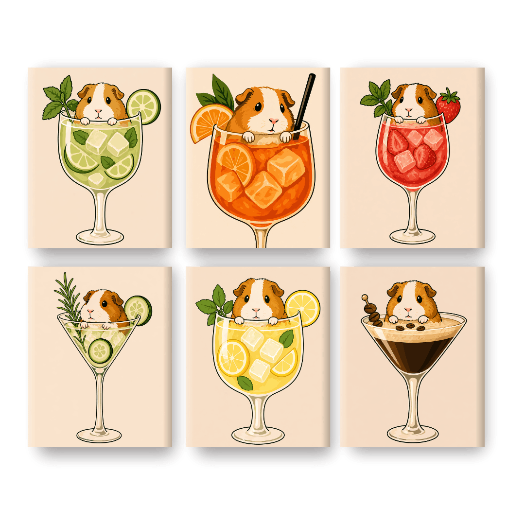 6 Mini Paintings - Guinea Pig in Cocktails Set- Paint by Numbers