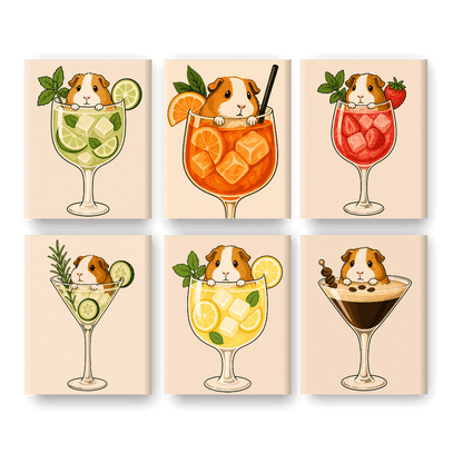 6 Mini Paintings - Guinea Pig in Cocktails Set- Paint by Numbers