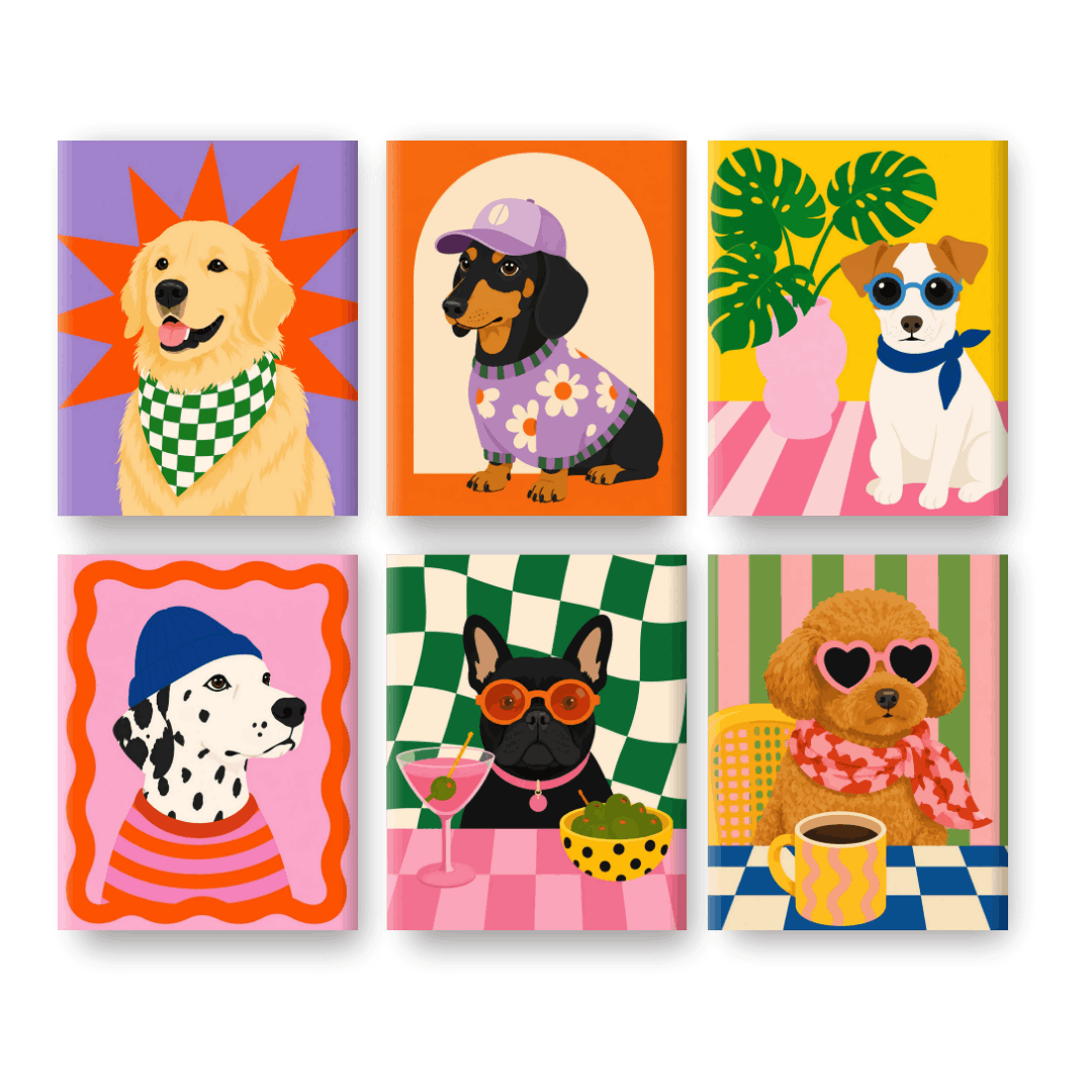 6 Mini Paintings - Fancy Pups Set- Paint by Numbers