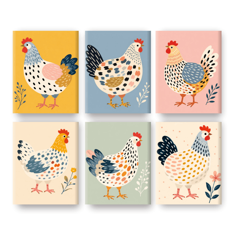 6 Mini-tableaux - Ensemble Poules Élégantes - Peinture à numéros