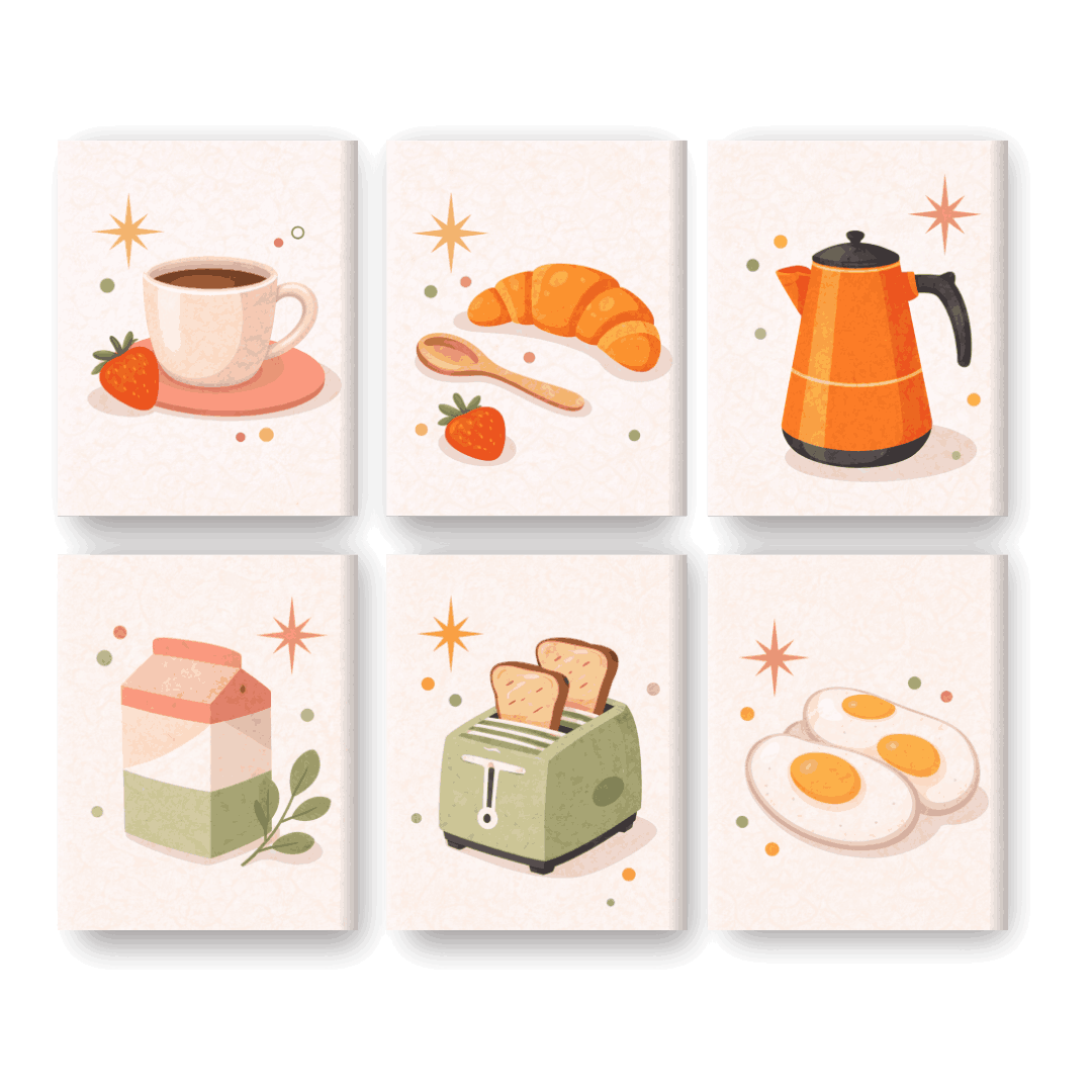 6 minicuadros - Set de desayuno y cocina-Pintar por números