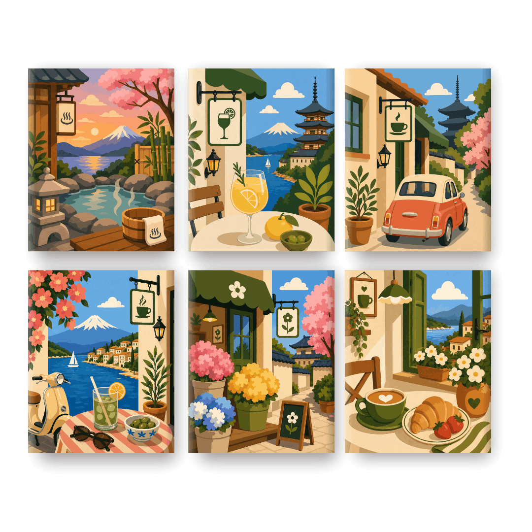 6 Mini Paintings - Japanese Cafes Set- Paint by Numbers