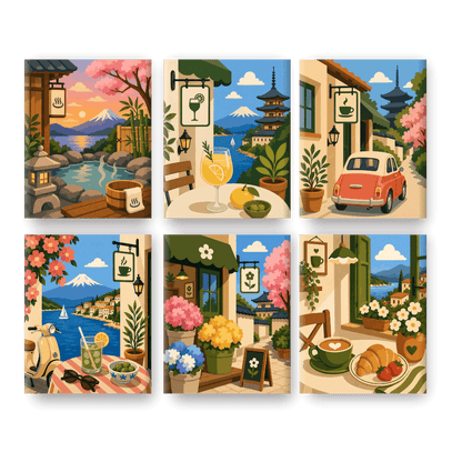 6 Mini Paintings - Japanese Cafes Set- Paint by Numbers