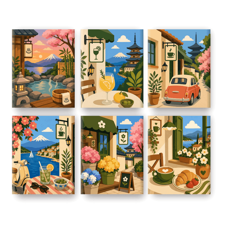 6 Mini Paintings - Japanese Cafes Set