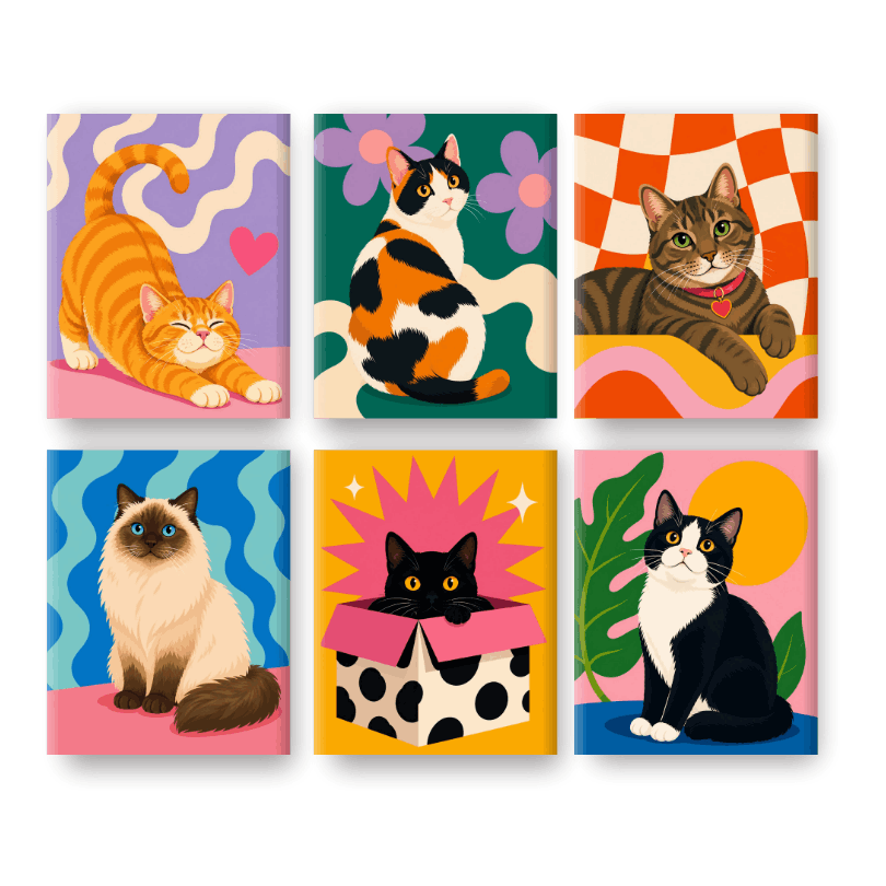 6 Mini-tableaux - Ensemble Amis Félins- Peinture par numéros