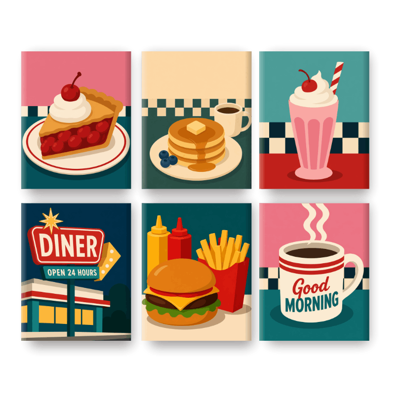 6 Mini Paintings - Diner 24-7 Set- Paint by Numbers