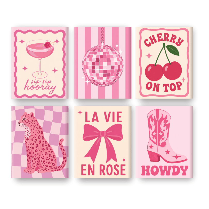 6 Mini-tableaux - Ensemble Cow-Girl Rose- Peinture par numéros