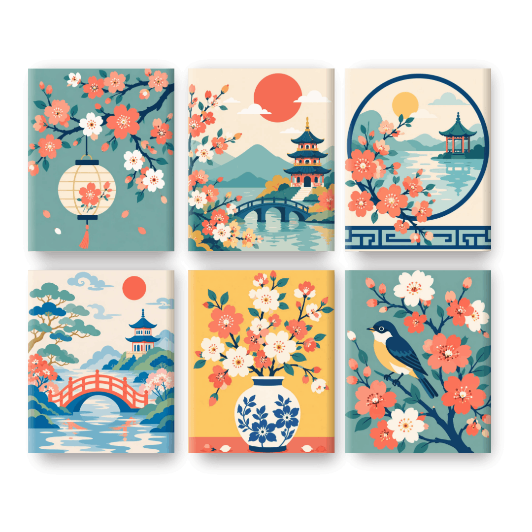 6 minimalerier - Sakura-drømmer-sett - Maleri etter tall