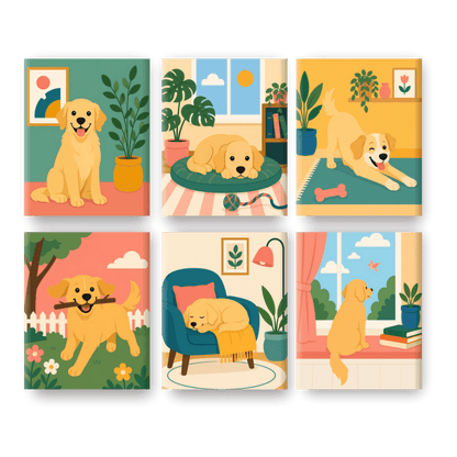 6 Mini Paintings - Cozy Dogs Set- Paint by Numbers
