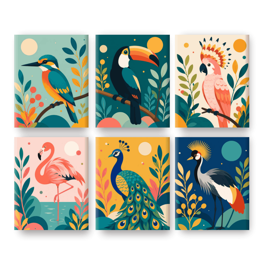 6 Mini Paintings - Exotic Birds Set- Paint by Numbers