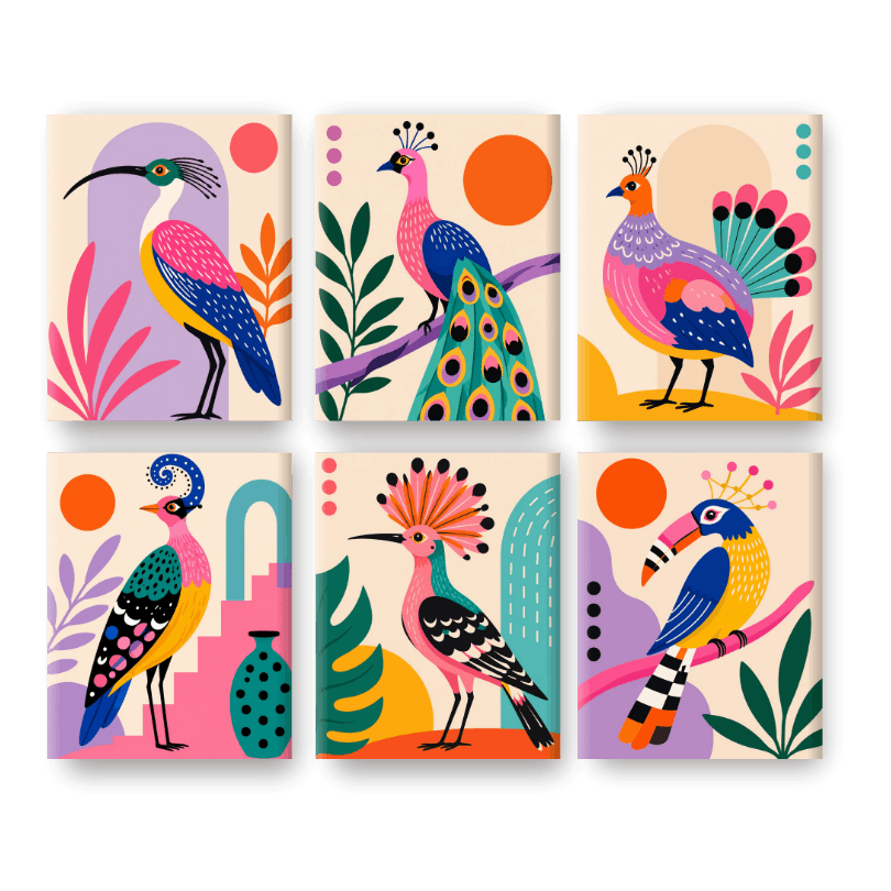 6 Mini Paintings - Folk Art Birds Set- Paint by Numbers