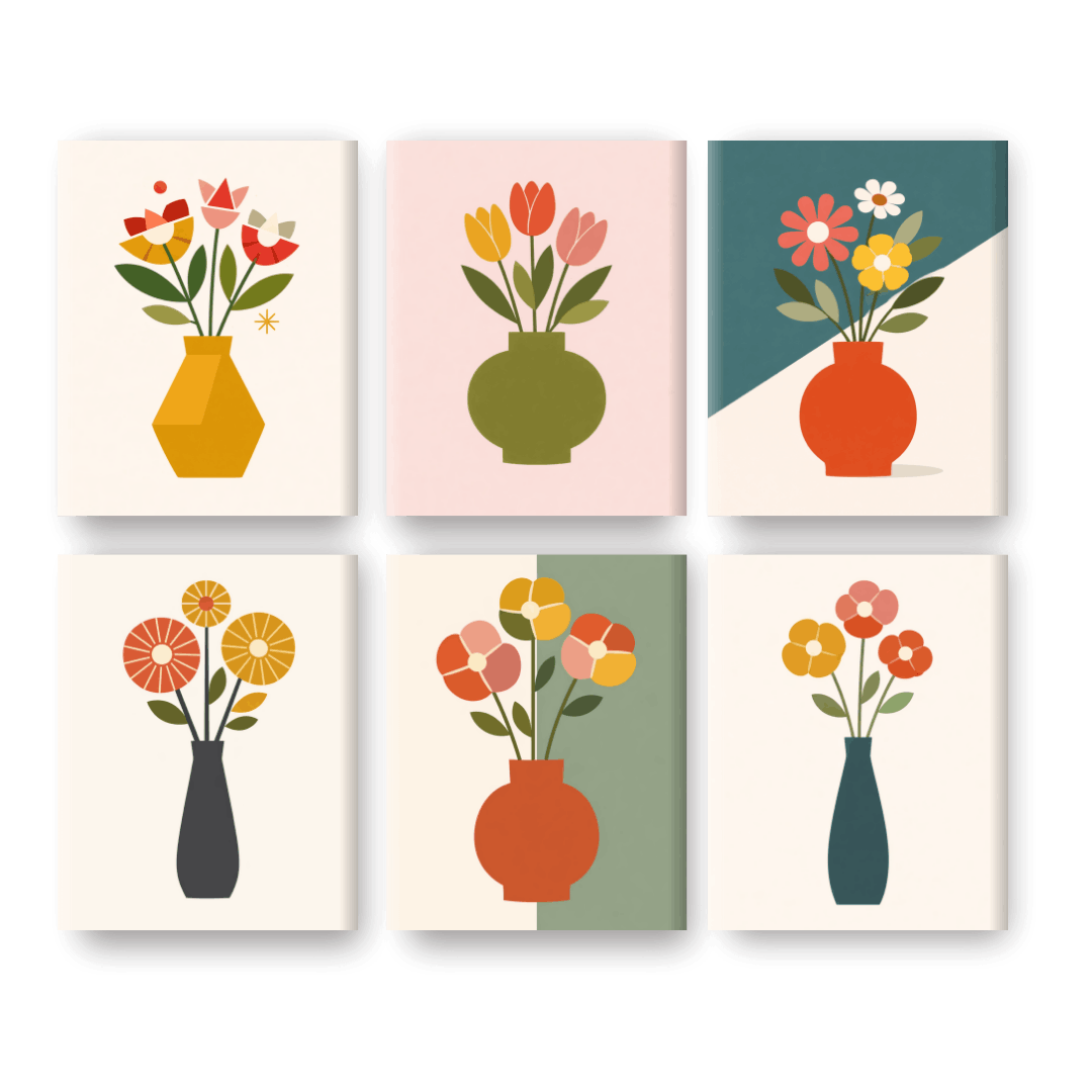 6 Mini Paintings - Elegant Flower Vases Set- Paint by Numbers