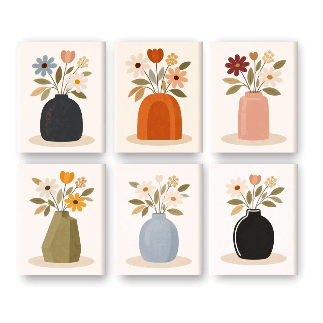 6 Mini Paintings - Colorful Flower Vases Set- Paint by Numbers
