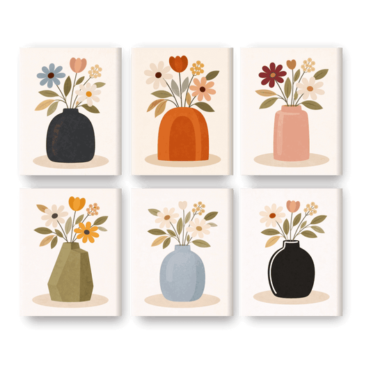 6 Mini Paintings - Colorful Flower Vases Set- Paint by Numbers